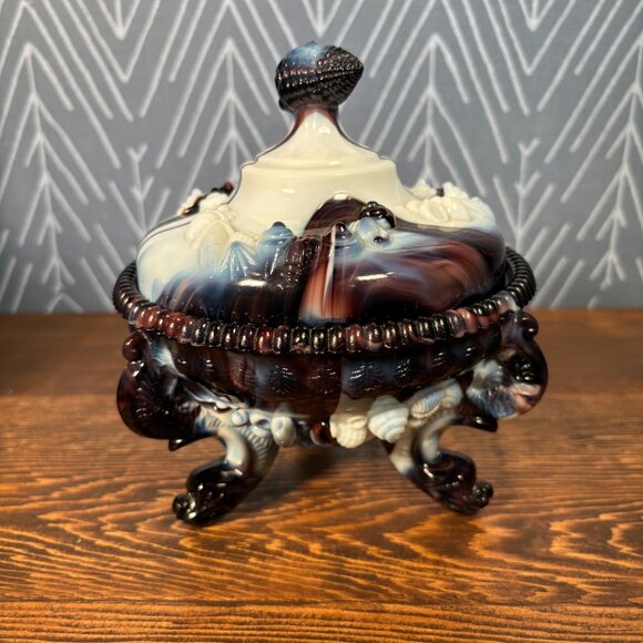 Vintage Westmoreland Argonaut Slag Glass Covered Trinket Dish Coastal Shell Dish - Picture 9 of 16
